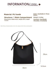 Detailed size specifications for the black faux suede handbag with multi-way strap design