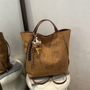 Cartoon Graffiti Print Large Capacity Tote Bag For Women PU Canvas Shoulder Bag With Bear Charm Fashion Casual Handbag