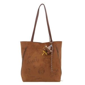 Brown matte tote bag with cartoon prints, double straps and cute teddy bear pendant