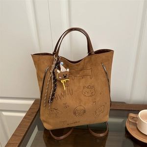 Women Large Capacity Cartoon Illustration Tote Bag Retro Shoulder Bag With Cute Bear Charm Casual Daily Commuter Bag