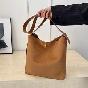 Women Faux Suede Hobo Shoulder Bag Large Capacity Crossbody Tote Bag With Metal Lock Closure Vintage Commuter Handbag