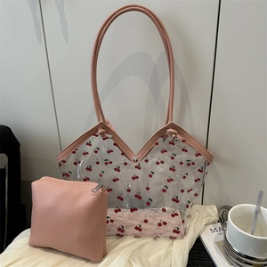 Sac Cabas Transparent en PVC Imprimé Cerise pour Femmes Avec Pochette Intérieure Douce Décontractée Grande Capacité Sac à Épaule pour Voyage Quotidien