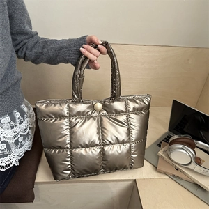 Women Fashion Metallic Quilted Puffer Tote Bag Large Capacity Glossy Nylon Padded Handbag Winter Casual Shoulder Bag