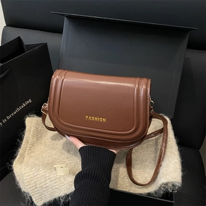 Women Stylish PU Leather Saddle Bag Trendy Urban Simple Crossbody Shoulder Bag With Golden Letter Decor Versatile Solid Color Leisure Flap Bag