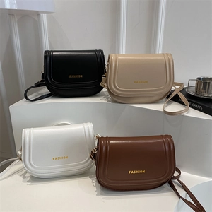 Minimalist crossbody saddle bags in black, beige, white, and brown with gold logo