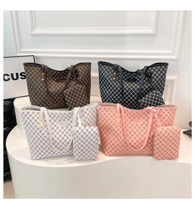 Four-color tote bag set with geometric grid prints and matching zipper pouches