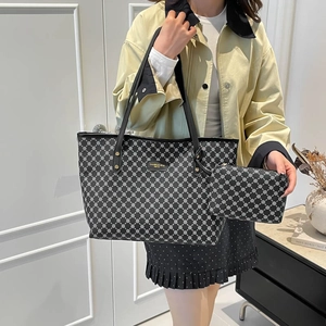 Chic geometric pattern tote and pouch set, black and white shoulder bag for women