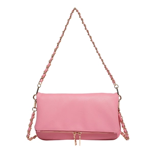 Chic pink textured leather crossbody bag with unique double bottom zipper and gold chain strap