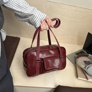 Vintage Women PU Leather Shoulder Bag Contrast Stitching Shiny Handbag With Front Pocket Fashion Casual Retro Daily Bag