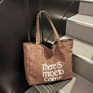 Leopard Print Canvas Tote Bag Large Capacity Letter Print Women Shoulder Handbag Casual Daily Fashion