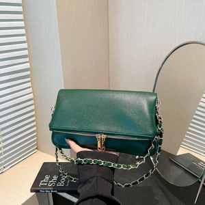 Dark green leather underarm bag with litchi texture and gold chain strap for women