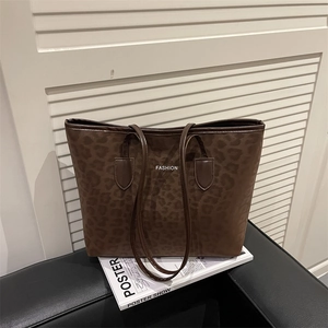 Sac Cabas Vintage Imprimé Léopard Grande Capacité ai-Suédine Sac à Épaule Mode Lettre Sac Sous les Bras Automne Hiver Femme Navette