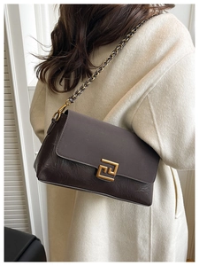 Detail of dark brown leather shoulder bag with gold geometric clasp and metal chain strap