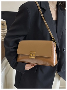 Detailed shot of brown flap shoulder bag with retro pleated texture and chain strap