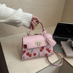 Women Cherry Print PU Leather Handbag Fashion Small Square Crossbody Bag With Gold Lock Top Handle Shoulder Bag Satchel