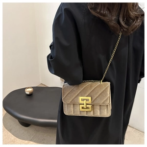 Detail view of champagne velvet crossbody bag with chain strap and gold hardware