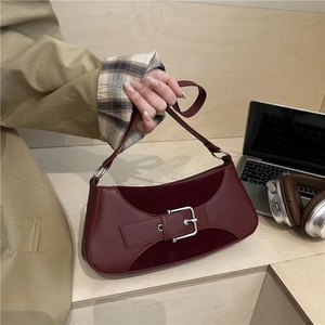 Vintage Women Shoulder Bag PU Leather Suede Patchwork Baguette Underarm Bag Metal Buckle Fashion Casual Handbag Purse