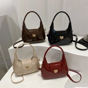 Women Glossy PU Leather Shoulder Bag Fashion Half Moon Dumpling Bag Vintage Metal Lock Casual Crossbody Handbag For Daily Women