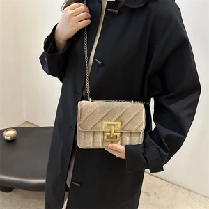 Quilted velvet champagne chain bag with gold hardware shown on a black winter coat