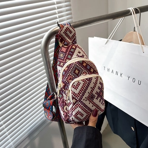 Women Ethnic Bohemian Woven Chest Bag Multi Zipper Crossbody Bag Geometric Wide Strap Retro Travel Sling Bag
