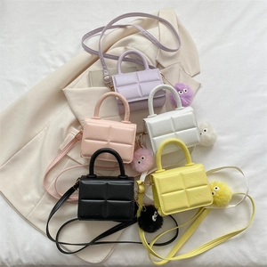 Women Mini PU Leather Quilted Handbag Grid Pattern Small Square Crossbody Bag With Fun Plush Ball Pendant Korean Fashion Shoulder Bag