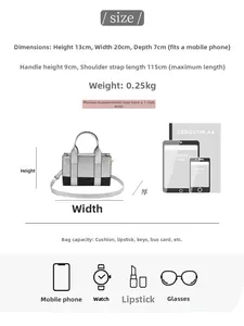 Detailed size guide for contrast crossbody bag with smartphone and iPad scale reference