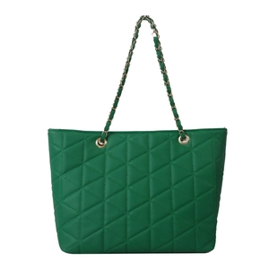 Green quilted large capacity tote bag with gold chain strap on white background