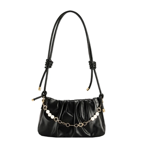 Elegant black ruched underarm bag with pearl flower chain and knotted shoulder strap