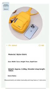 Detail view of yellow nylon chest bag for kids showing 12x19x8cm size and fashion text
