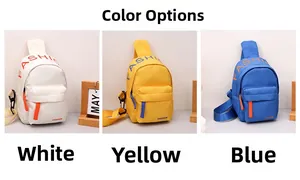 Three children's nylon chest bags in white, yellow and blue with fashion text detail