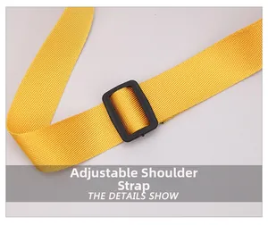 Close-up of adjustable yellow nylon shoulder strap with durable buckle on kids chest bag