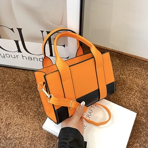 Women Shoulder Bag PU Leather Contrast Color Block Handbag With Detachable Strap Fashionable Commuter Minimalist Style