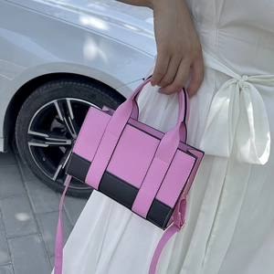 Pink and black color block mini leather handbag with detachable shoulder strap for women