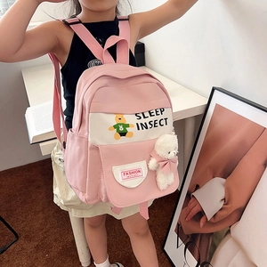 Kids School Backpack For Boys Girls Nylon Cartoon Bear Printed Bag With Plush Bear Pendant Lightweight Toddler Backpack