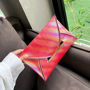 Iridescent gradient envelope clutch bag with golden V-shaped metal trim for women