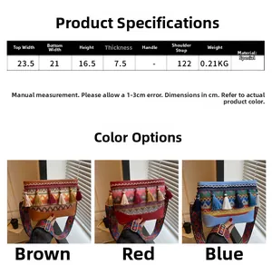 Detailed size chart and dimensions of the bohemian tassel crossbody bag in three colors
