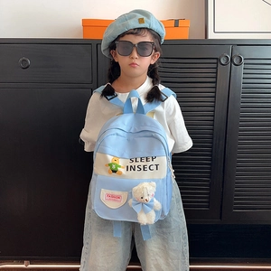 Light blue kids backpack with plush bear charm and letter print for kindergarten