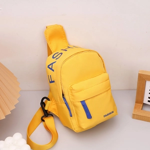 Fashionable bright yellow nylon crossbody chest bag for kids with blue fashion print