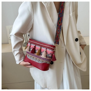 Detail of bohemian crossbody bag featuring red fringe tassels and ethnic woven strap
