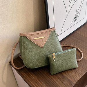 Trendy Women PU Leather Contrast Color Bucket Bag Set With Mini Coin Purse Lychee Texture Metal Decor Crossbody Shoulder Bag