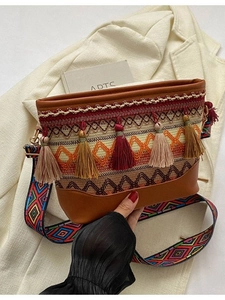 Ethnic bohemian crossbody bag with woven patterns and colorful tassels for women