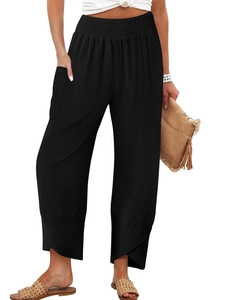 Women high waist black cotton linen trousers with elastic waist and lantern hem