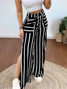 Pantaloni a gamba larga a righe verticali da donna con spacco laterale e coulisse in vita