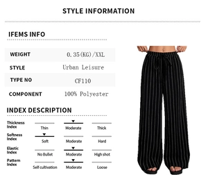 Tableau des tailles et détails du tissu pour pantalon large à rayures avec cordon