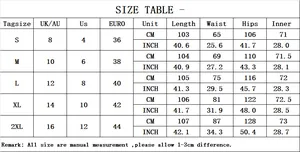 Tableau des tailles détaillé pour pantalon large à rayures du S au 2XL avec mensurations