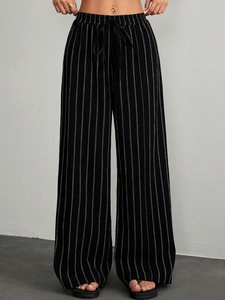 Pantalon large à rayures noires décontracté avec cordon de serrage et taille élastique