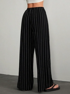 Pantalon large à rayures verticales noir et blanc pour femme avec taille élastique
