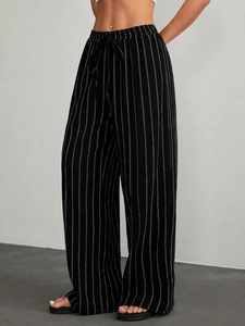 Pantalon large pour femme à rayures verticales et taille élastique avec cordon
