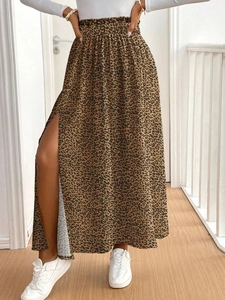 Gonna lunga leopardata a vita alta con spacco laterale e silhouette a trapezio donna