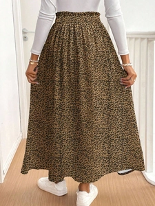 Gonna lunga leopardata a vita alta linea ad A con elastico in vita e spacco laterale
